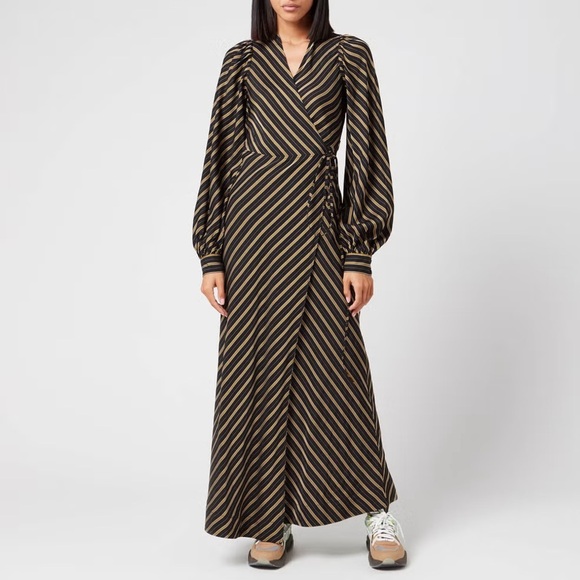 GANNI Striped Long Sleeve Wrap Maxi Dress Size EU 36/S/US 4 Black Gold - Picture 2 of 16